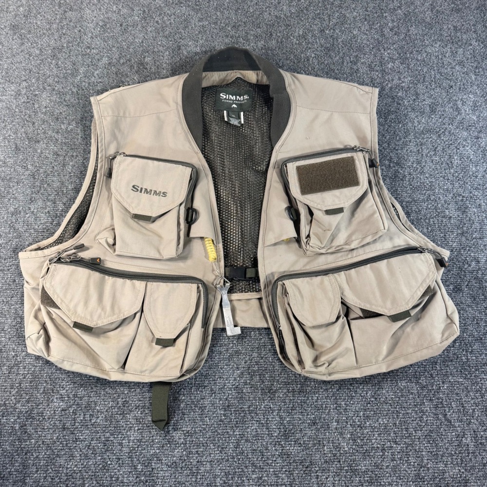 Simms Fishing Products Tan Khaki Fly Fishing Vest Mens XL Mesh Multi-Pocket